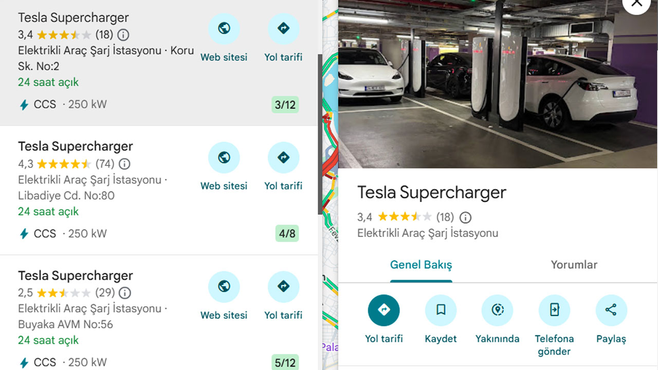 Google Haritalar için Tesla Supercharger özelliği!