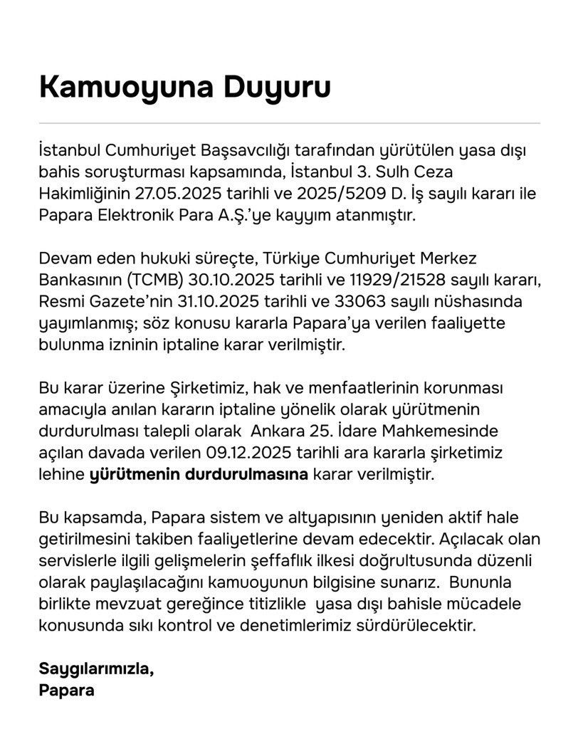 Papara, lisans iptaline ilişkin yürütmenin durdurulmasından sonra faaliyetlerine devam edecek