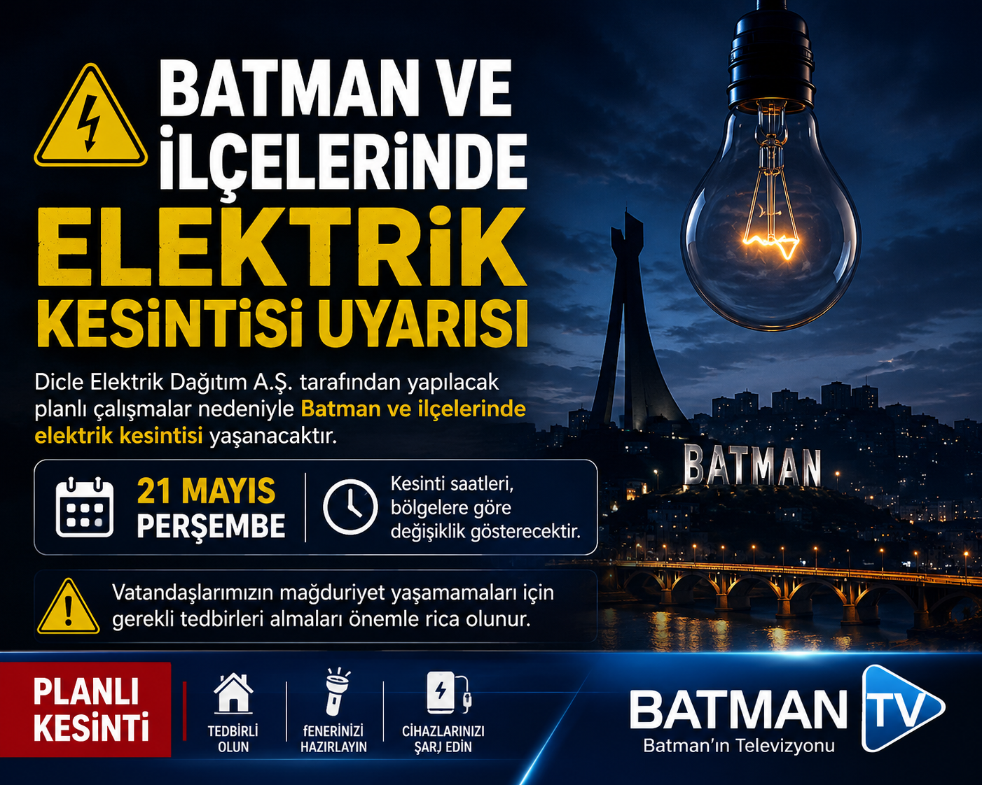 Batman ve İlçelerinde Elektrik Kesintisi Uyarısı