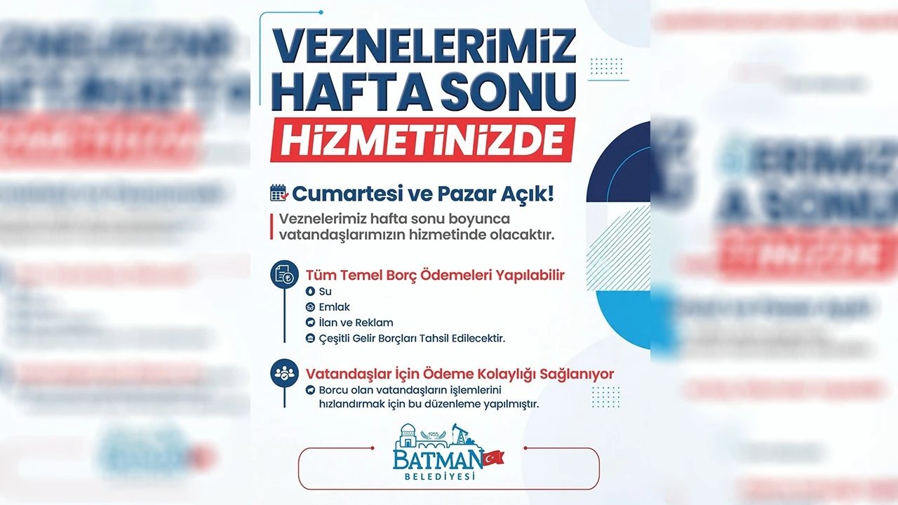 Batman Belediyesi Vezneleri Hafta Sonu Hizmet Verecek